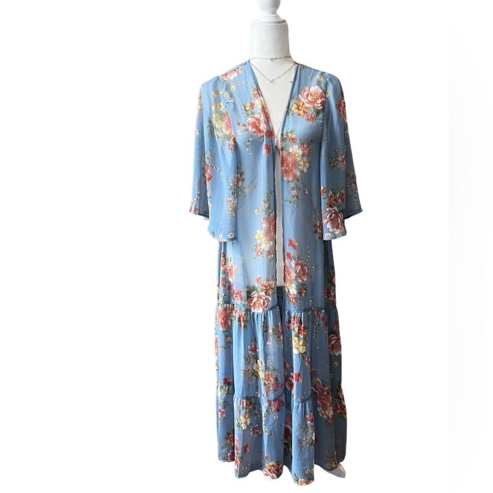 American Eagle Sheer Blue Floral Duster Kimono Long Cardigan O/S